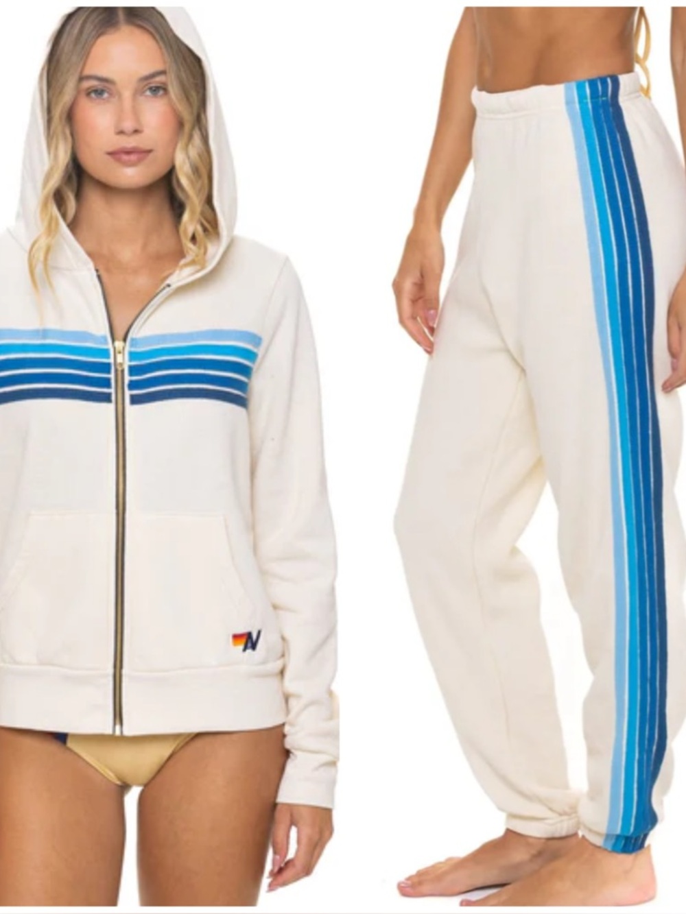 Aviator nation 5 STRIPE HOODIE sweatpants set VINTAGE WHITE // BLUE XS NWT